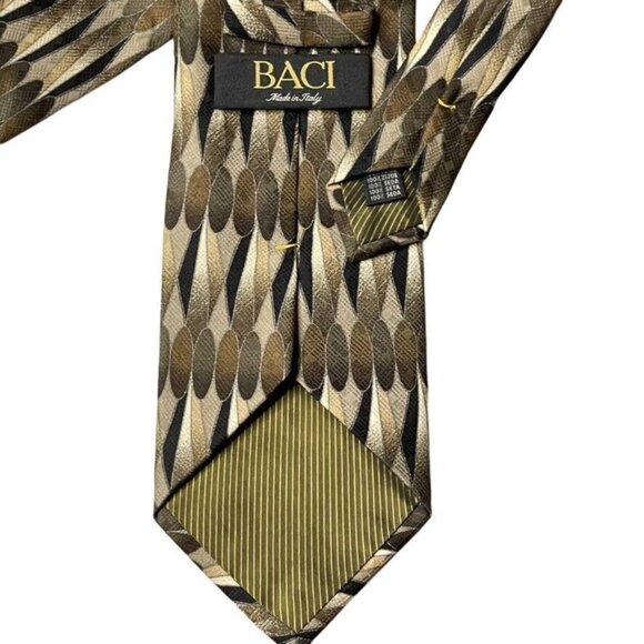 Baci Made In Italy Silk Tie With Geometric Pattern In Gold & Brown Vintage Neckt - Picture 6 of 8